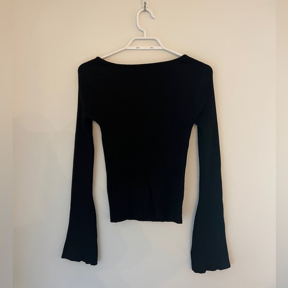 Rib-Knit, Black Sweater Shirt with Sweetheart Neckline and Bell Sleeves - Picture 5 of 5